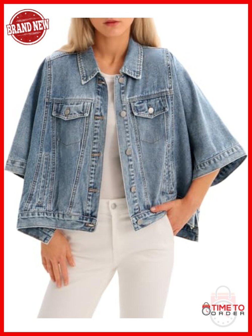 Oversized Cropped Denim Jacket Cape Style Half Sleeve Button Front Pockets